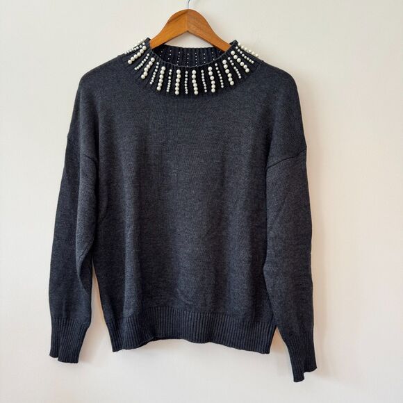 Aqua Sweaters - Aqua Embellished Grey Mock-Neck Sweater Size Medium